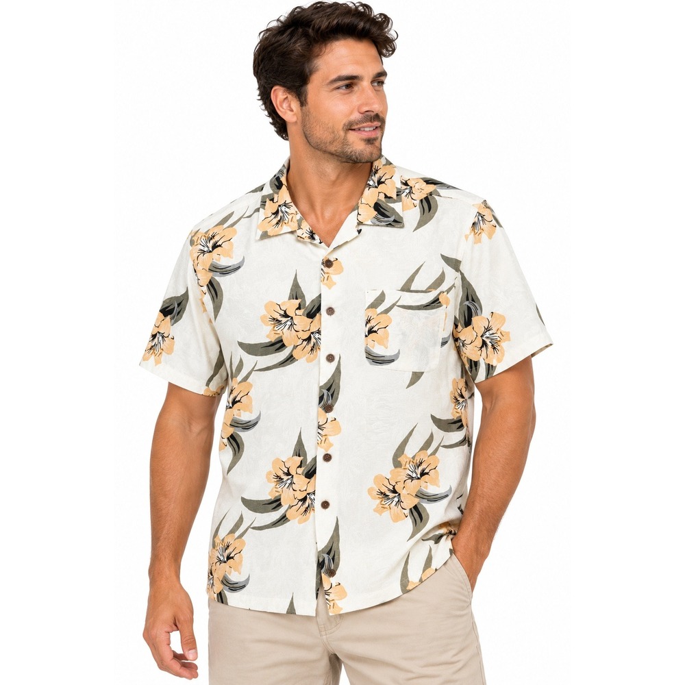 Caribbean Joe Mens Large Floral Jacquard Rayon Camp Shirt Cream Short Sleeve